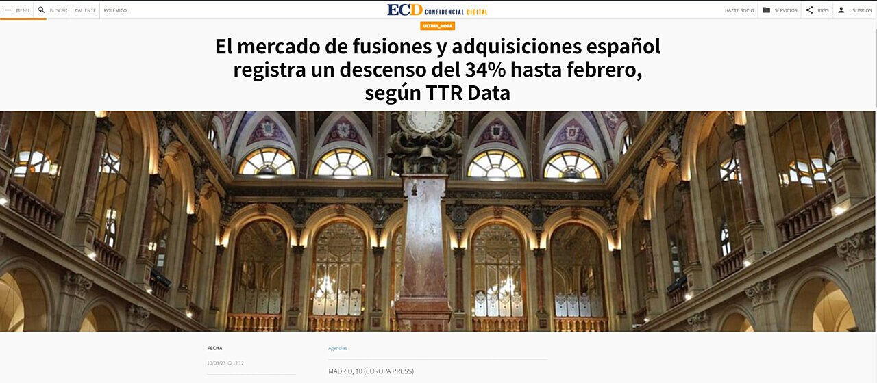 El mercado de fusiones y adquisiciones espaol registra un descenso del 34% hasta febrero, segn TTR Data